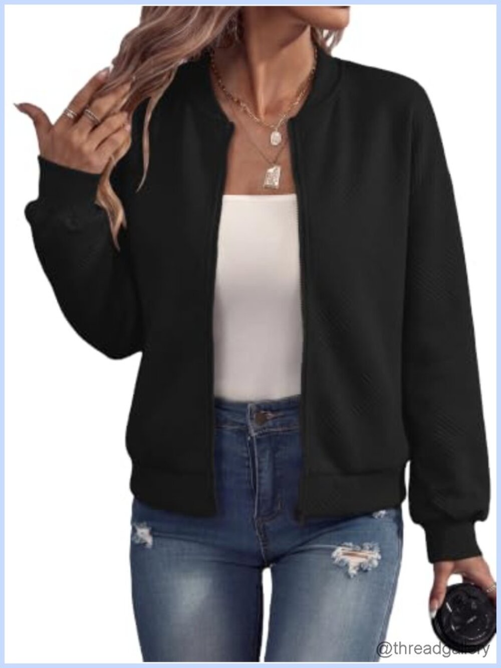 Women's Zip Up Bomber Jacket Lightweight Casual Stand Collar Coat